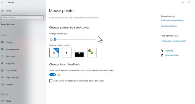 change mouse pointer size and colour in windows 10
